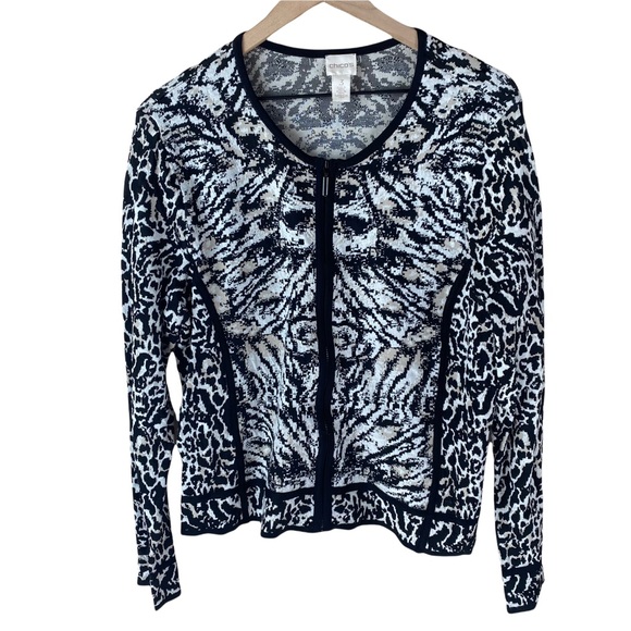 Chico's Sweaters - Chico’s Animal Print Black Cream Zipper Cardigan size 3 16 XL